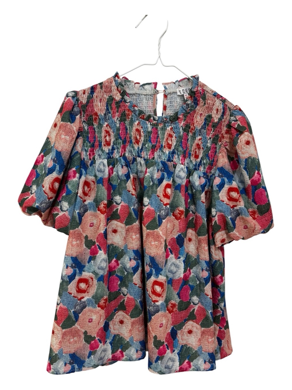 TCEC Floral Smocked Puff-Sleeve Top - Pink & Blue